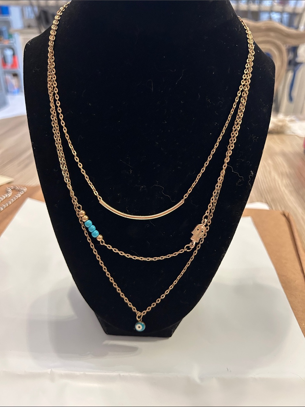 Gold-Tone Layered Pendant Necklace with Turquoise Beads